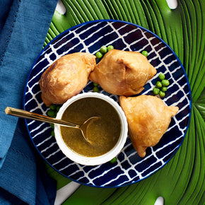 Photograph of Indian, Vegetarian, Vegan, Samosas with Potatoes & Peas , Traditional, Authentic with Gourmet Mint Chutney delicious like Mom's  Cooking.