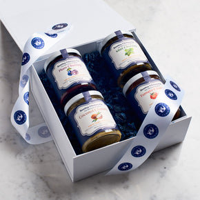 Photograph of a Gift Box of four gourmet Chutneys beautifully wrapped.